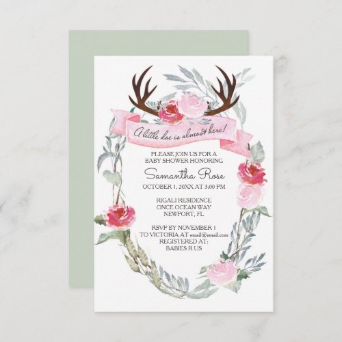 DEER ANTLER Girl Baby Shower Invite Pink Invitation