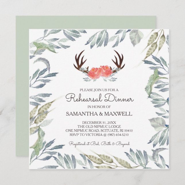 DEER ANTLER & Greenery Rehearsal Dinner Invite (Front/Back)