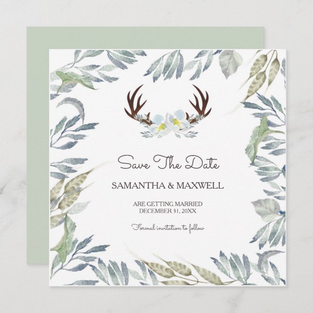 DEER ANTLER & Greenery Save The Date, Blue Invitation (Front/Back)