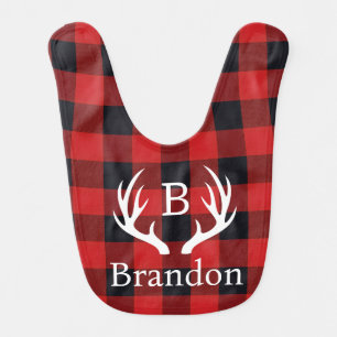 Deer Antler Initial Buffalo Plaid Baby Bib