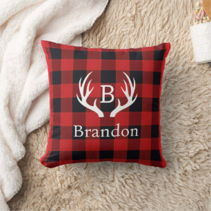 Deer Antler Initial Buffalo Plaid Throw Pillow