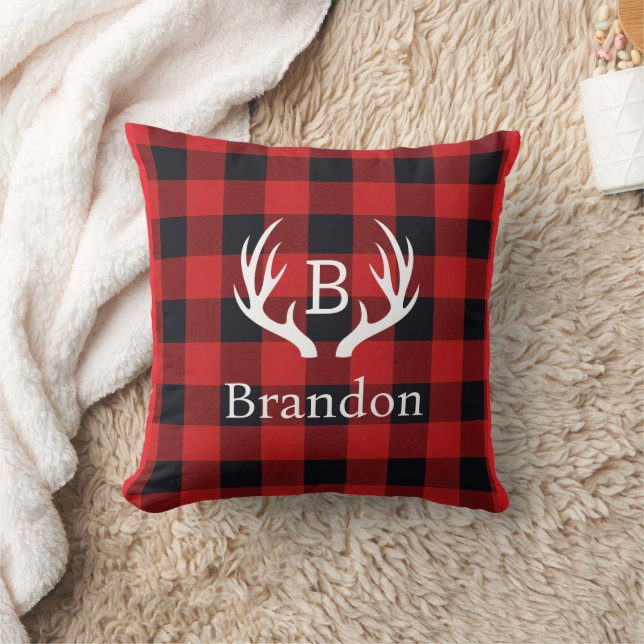 Deer Antler Initial Buffalo Plaid  Throw Pillow (Blanket)