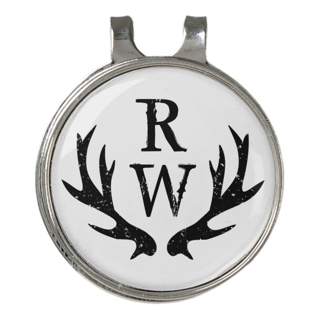Deer antler monogram golf hat clip ball marker (Front)