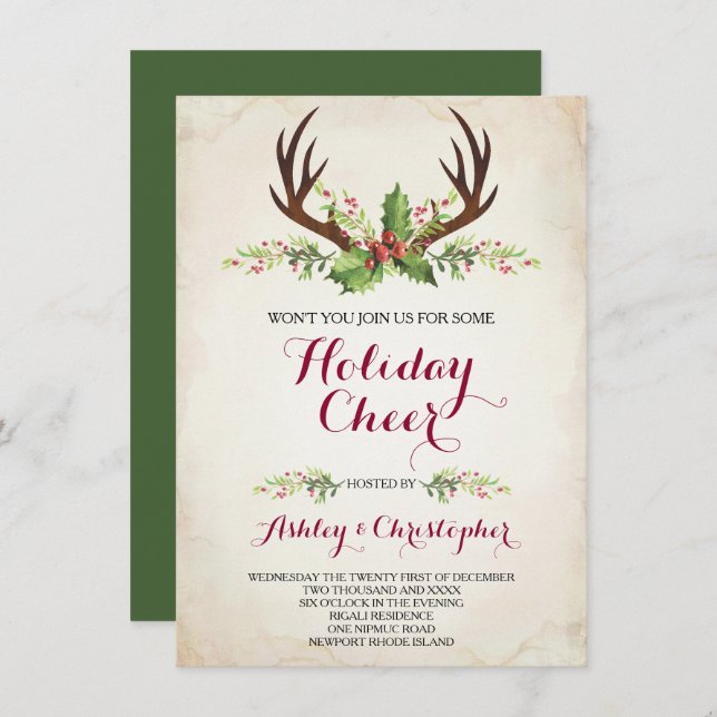 Deer Antler Party Invite - Christmas (Front/Back)
