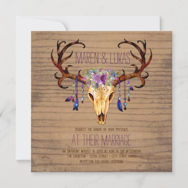 Deer Antler Rustic Country Watercolor Wedding Invitation (Front)
