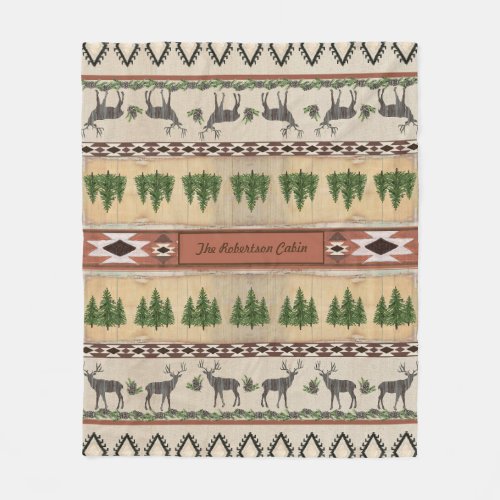 Deer Antler Rustic Wood Forest Cabin Family Name Fleece Blanket