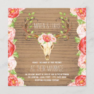 Deer Antler Rustic Wood Watercolor Wedding Invitation