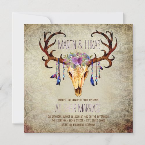 Deer Antler Skull Rustic Country Wedding Invitation