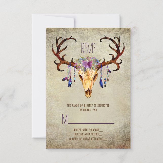 Deer Antler Skull Rustic Country Wedding RSVP (Front)