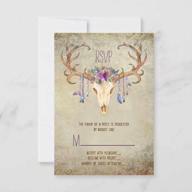 Deer Antler Skull Southwestern Wedding RSVP Card (Front)