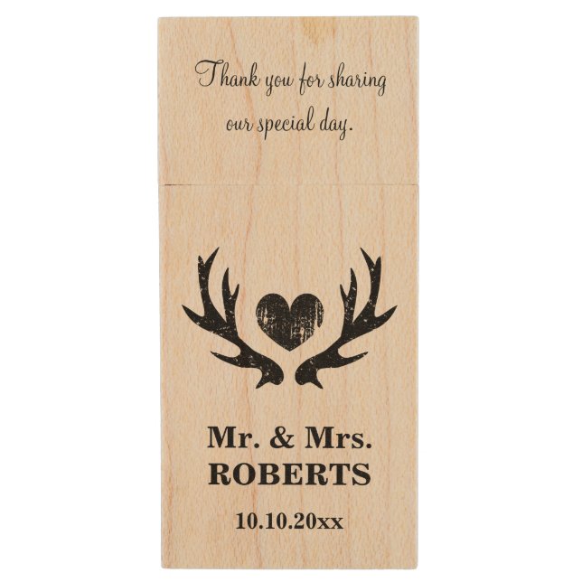 Deer antler wedding photo keepsake USB flash drive (Front Vertical)