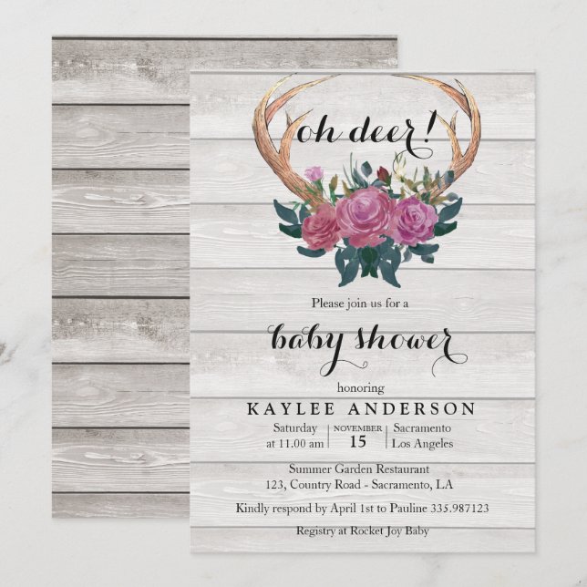 Deer Antler white wood Baby shower invitation (Front/Back)