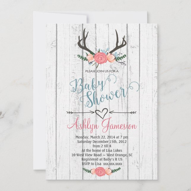 Deer Antler white wood Baby Shower Invitation (Front)