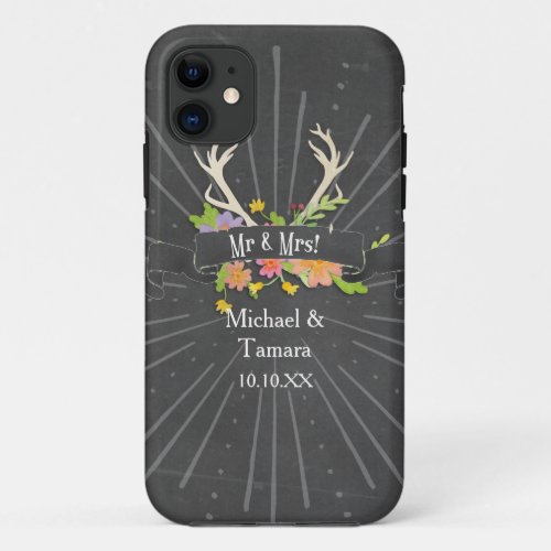Deer Antler Wildflower Starburst Rustic Mr and Mrs iPhone 11 Case
