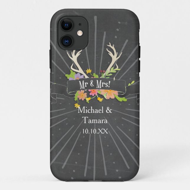 Deer Antler Wildflower Starburst Rustic Mr and Mrs Case-Mate iPhone Case (Back)