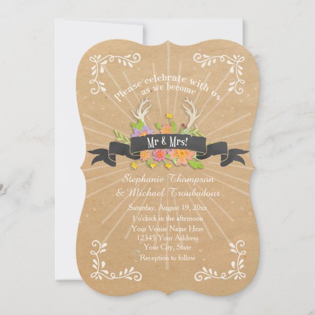 Deer Antler Wildflower Starburst Rustic Wedding Invitation (Front)