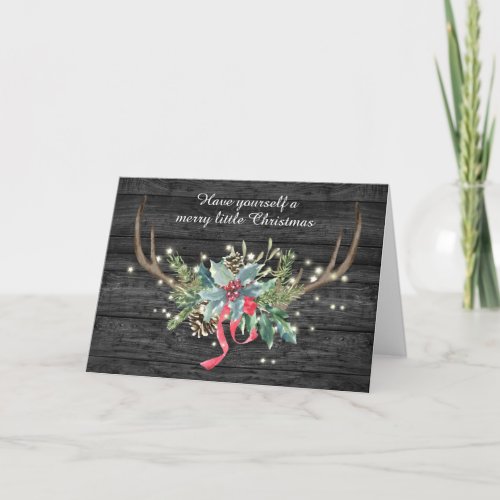 Deer Antlers and Christmas Bouquet On Wood Card