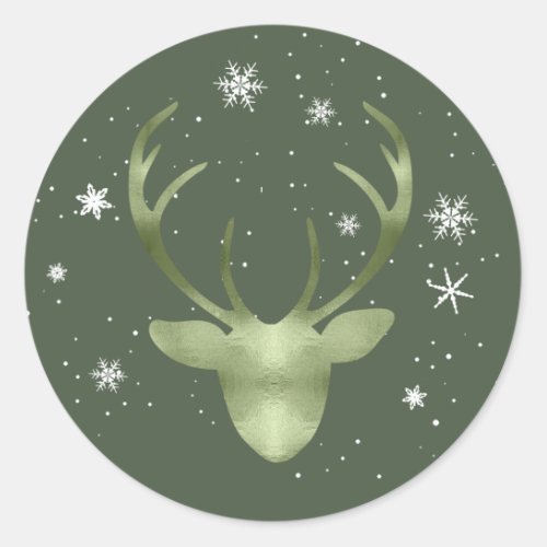 Deer Antlers and Snowflakes V2 Green ID861 Classic Round Sticker