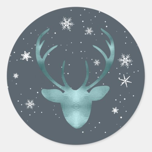 Deer Antlers and Snowflakes V2 Teal ID861 Classic Round Sticker