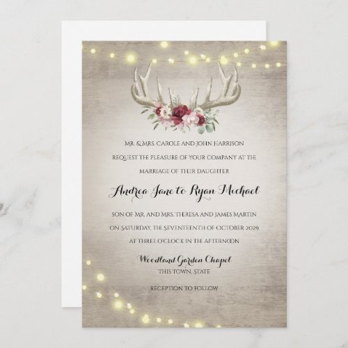 Deer Antlers and String Lights Rustic Wedding Invitation