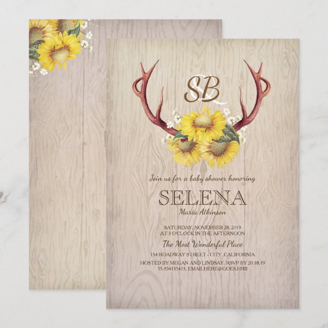 Deer Antlers and Sunflower Rustic Baby Shower Invitation (Front/Back)