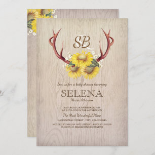 Deer Antlers and Sunflower Rustic Baby Shower Invitation
