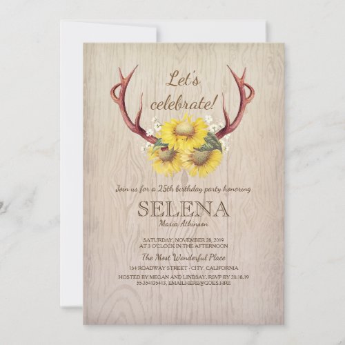 Deer Antlers and Sunflower Rustic Birthday Party Invitation - Rustic country summer or fall birthday party invitation features deer antlers, white baby's breath flowers, wood background, and sunflowers bouquet.