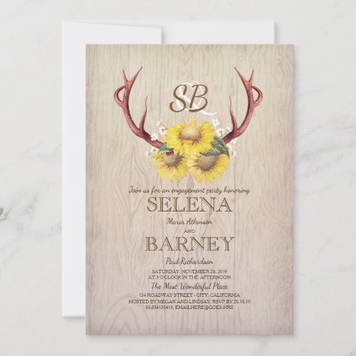 Deer Antlers and Sunflower Rustic Engagement Party Invitation - Rustic country summer or fall engagement party invitation features deer antlers, white baby's breath flowers, wood background, and sunflowers bouquet.