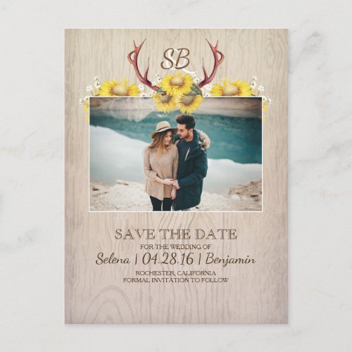 Deer Antlers and Sunflowers Photo Save the Date Announcement Postcard - Rustic country sunflowers and antlers photo save the date postcards