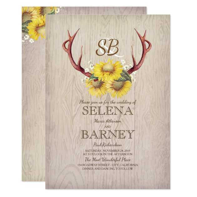 Deer Antlers And Sunflowers Rustic Fall Wedding Invitation