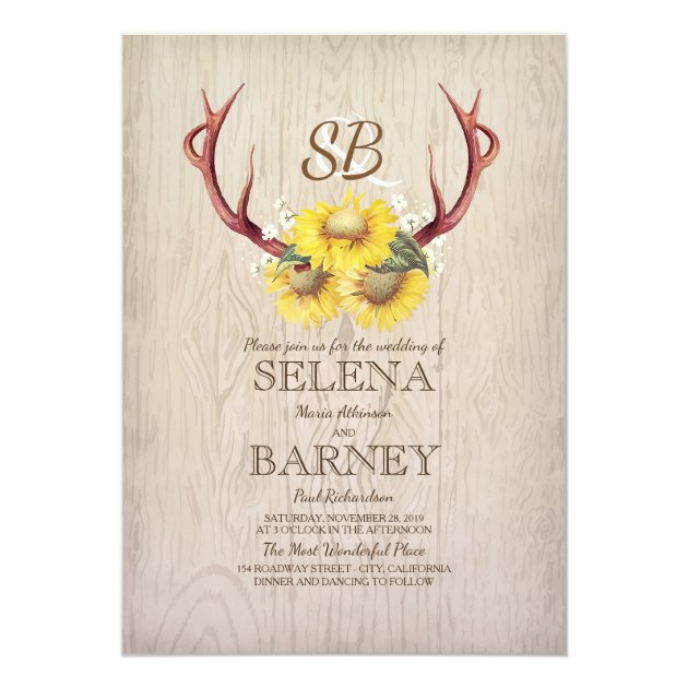 Deer Antlers And Sunflowers Rustic Fall Wedding Invitation