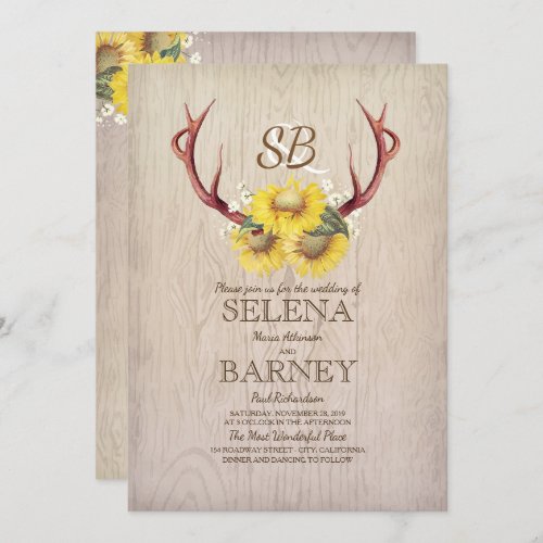 Deer Antlers and Sunflowers Rustic Fall Wedding Invitation - Rustic country summer or fall wedding invitation features deer antlers, white baby's breath flowers, wood background, and sunflowers bouquet.