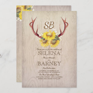 Deer Antlers and Sunflowers Rustic Fall Wedding Invitation