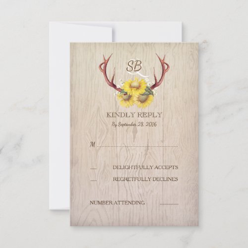 Deer Antlers and Sunflowers Wedding RSVP Cards - Rustic country sunflowers wedding reply cards