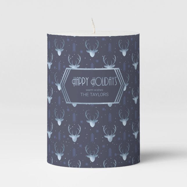 Deer Antlers Arrows Christmas Pattern Blue ID861 Pillar Candle (Front)