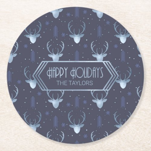 Deer Antlers Arrows Christmas Pattern Blue ID861 Round Paper Coaster