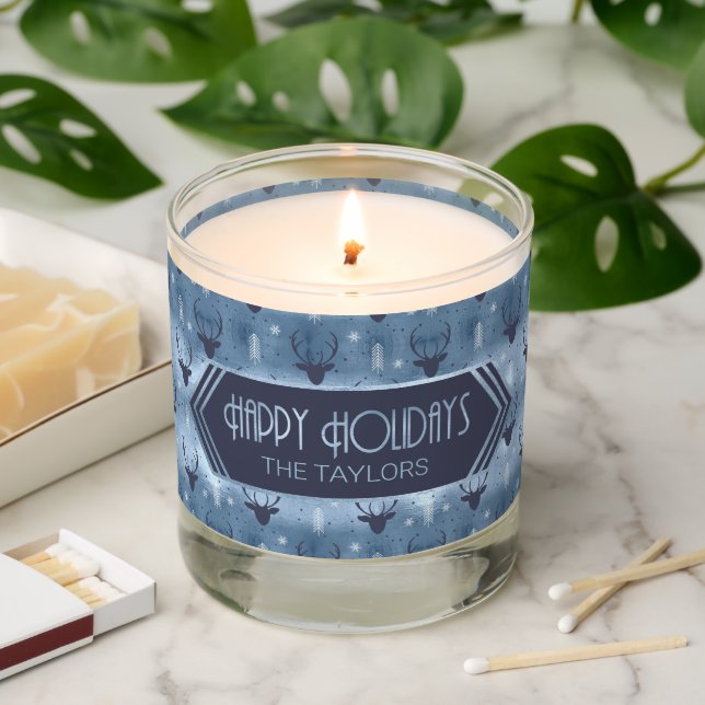 Deer Antlers Arrows Christmas Pattern Blue ID861 Scented Candle (Lit)