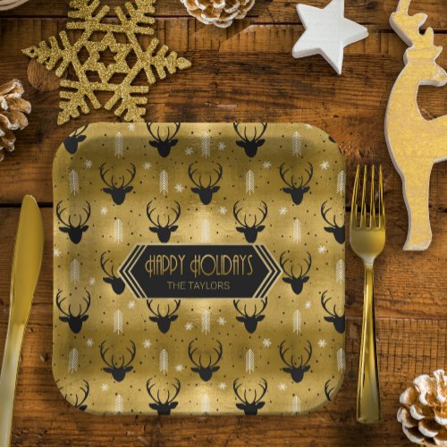 Deer Antlers Arrows Christmas Pattern Gold ID861 Paper Plates
