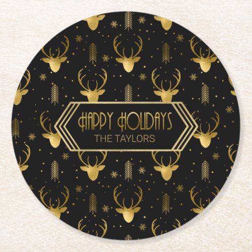 Deer Antlers Arrows Christmas Pattern Gold ID861 Round Paper Coaster