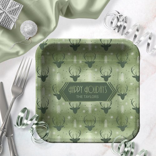 Deer Antlers Arrows Christmas Pattern Green ID861 Paper Plates