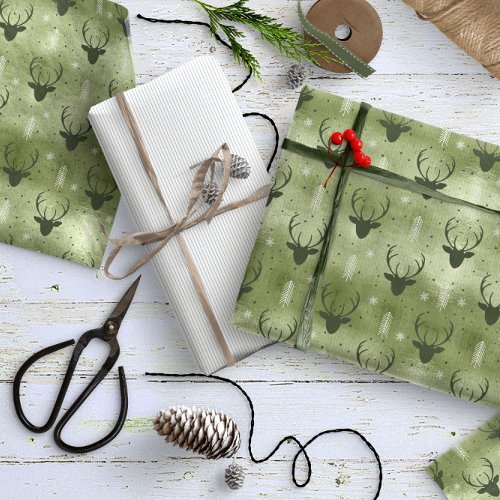 Deer Antlers Arrows Christmas Pattern Green ID861 Wrapping Paper