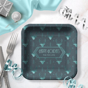 Deer Antlers Arrows Pattern V2 Teal ID861 Paper Plates