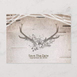 Deer Antlers & Birch Vintage Wedding Save the Date Announcement Postcard