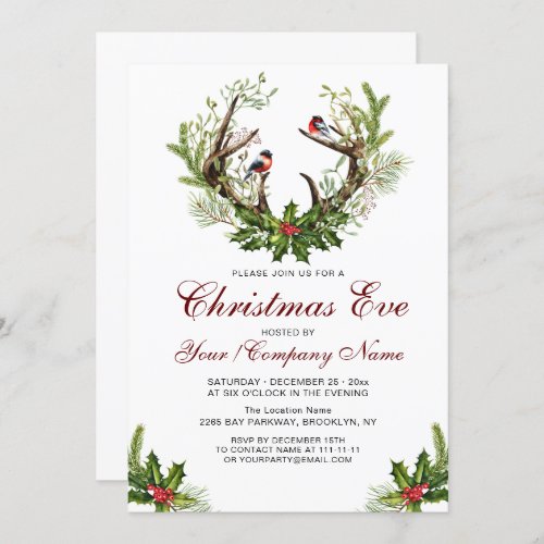 Deer Antlers Birds Holly Berry Christmas Party Invitation