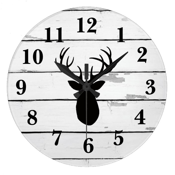 Deer Antlers Black Silhouette Shiplap Rustic Decor Large Clock