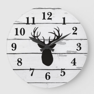 Deer Antlers Black Silhouette Shiplap Rustic Decor Large Clock
