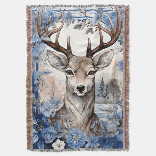 Deer Antlers Blue Flowers Christmas Throw Blanket