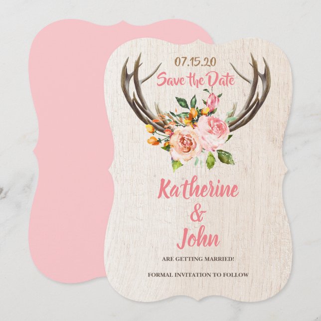Deer Antlers Blush Rustic Floral save the date Invitation (Front/Back)