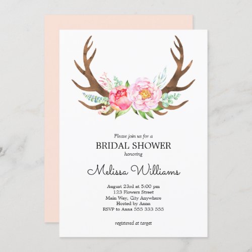 Deer Antlers Boho Floral Watercolor Pink Bridal Invitation