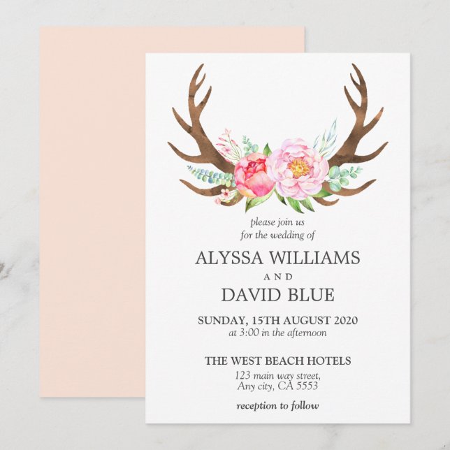 Deer Antlers Boho Floral Watercolor Pink Wedding Invitation (Front/Back)